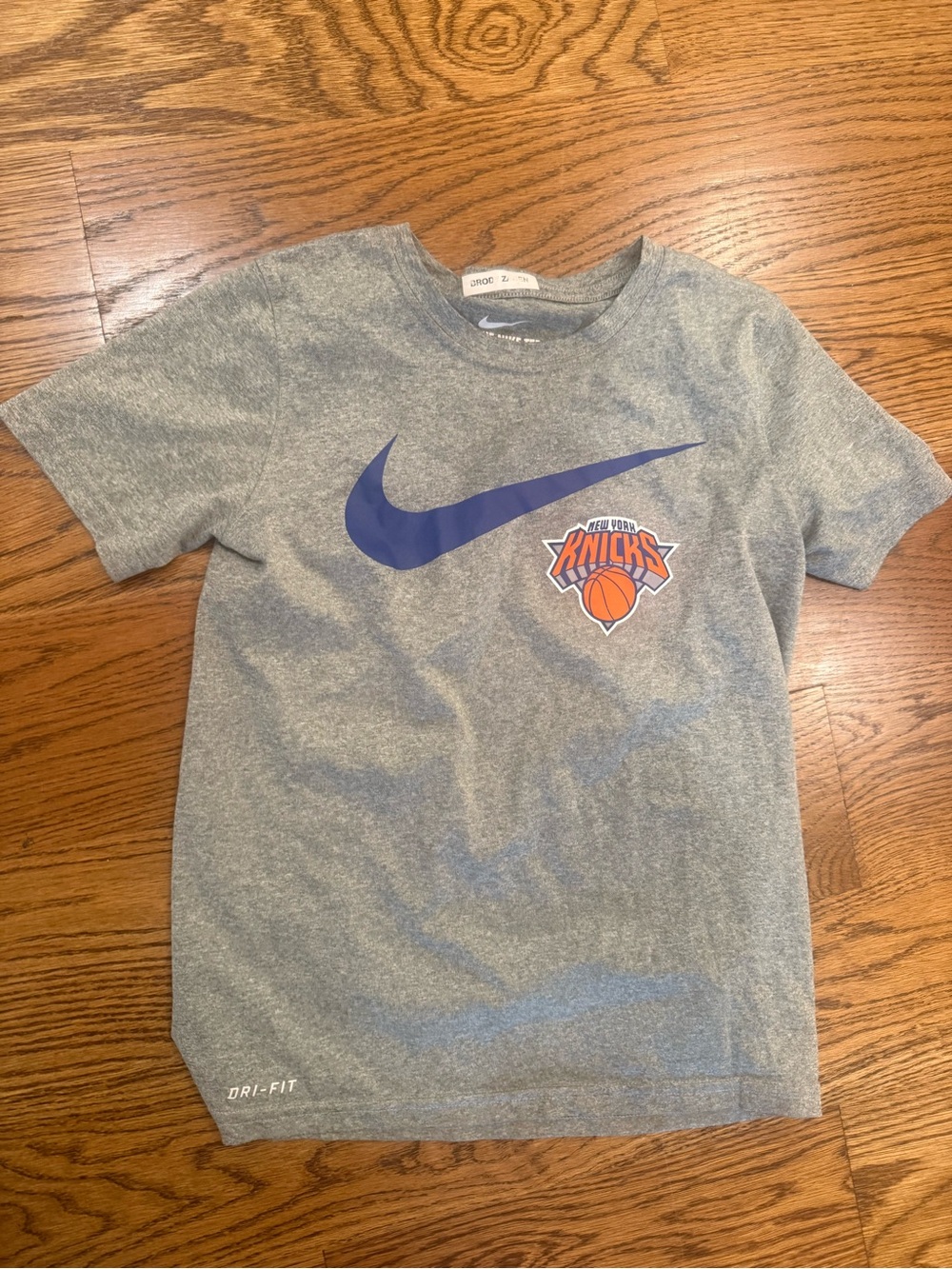 Nike Grey Tee with Blue Swoosh & Knicks Logo